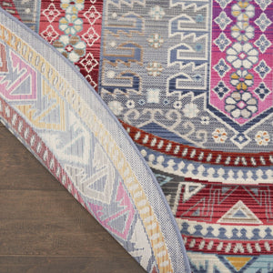 Homeroots 6' Ivory Gray And Red Floral Distressed Round Rug - Durable, Stain-resistant, Stylish Home Accent  Polypropylene 552347