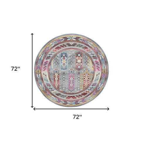 Homeroots 6' Ivory Gray And Red Floral Distressed Round Rug - Durable, Stain-resistant, Stylish Home Accent  Polypropylene 552347