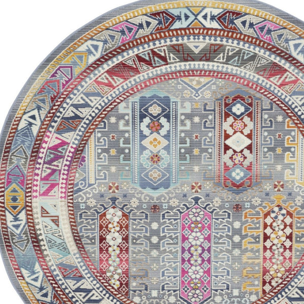 Homeroots 6' Ivory Gray And Red Floral Distressed Round Rug - Durable, Stain-resistant, Stylish Home Accent  Polypropylene 552347