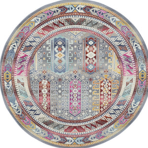 Homeroots 6' Ivory Gray And Red Floral Distressed Round Rug - Durable, Stain-resistant, Stylish Home Accent  Polypropylene 552347