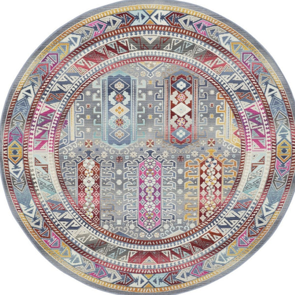 Homeroots 6' Ivory Gray And Red Floral Distressed Round Rug - Durable, Stain-resistant, Stylish Home Accent  Polypropylene 552347
