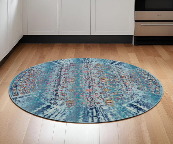 Homeroots 6' Distressed Floral Round Rug In Blue, Red & Orange - Durable, Stain-resistant, Stylish Home Accent  Polypropylene 552353