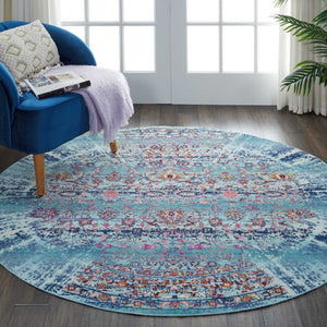 Homeroots 6' Distressed Floral Round Rug In Blue, Red & Orange - Durable, Stain-resistant, Stylish Home Accent  Polypropylene 552353