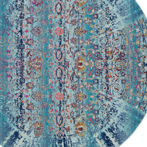 Homeroots 6' Distressed Floral Round Rug In Blue, Red & Orange - Durable, Stain-resistant, Stylish Home Accent  Polypropylene 552353