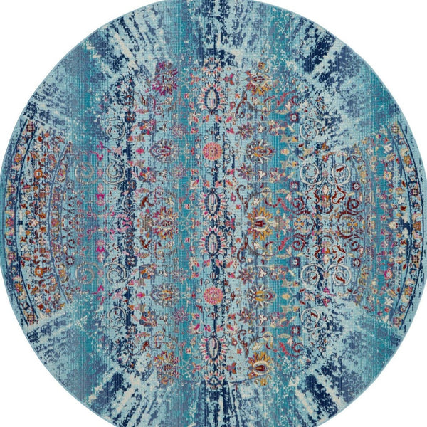 Homeroots 6' Distressed Floral Round Rug In Blue, Red & Orange - Durable, Stain-resistant, Stylish Home Accent  Polypropylene 552353
