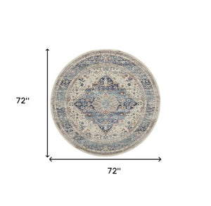 Homeroots 6' Ivory Blue & Orange Floral Distressed Round Rug - Stain Resistant, Durable, Stylish Home Decor Accent  Polypropylene 552354