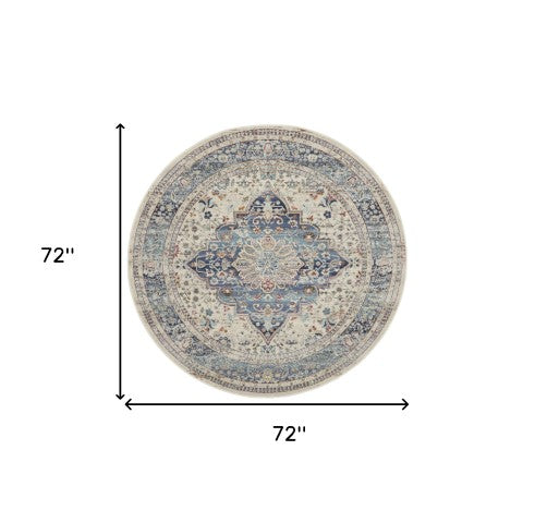 Homeroots 6' Ivory Blue & Orange Floral Distressed Round Rug - Stain Resistant, Durable, Stylish Home Decor Accent  Polypropylene 552354