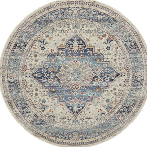 Homeroots 6' Ivory Blue & Orange Floral Distressed Round Rug - Stain Resistant, Durable, Stylish Home Decor Accent  Polypropylene 552354