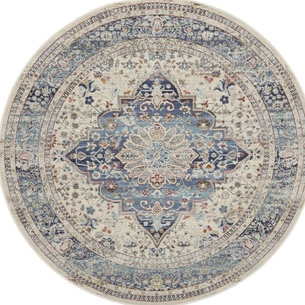 Homeroots 6' Ivory Blue & Orange Floral Distressed Round Rug - Stain Resistant, Durable, Stylish Home Decor Accent  Polypropylene 552354