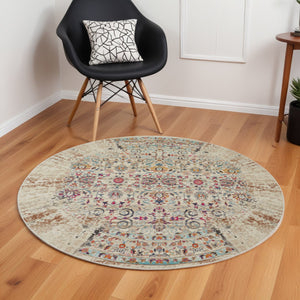 Homeroots 6' Ivory And Brown Floral Distressed Round Rug - Stain Resistant, Durable, Stylish Home Accent Piece  Polypropylene 552357