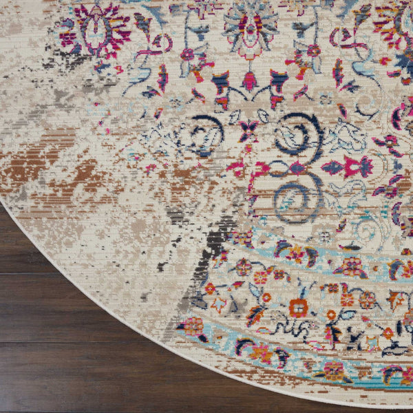 Homeroots 6' Ivory And Brown Floral Distressed Round Rug - Stain Resistant, Durable, Stylish Home Accent Piece  Polypropylene 552357