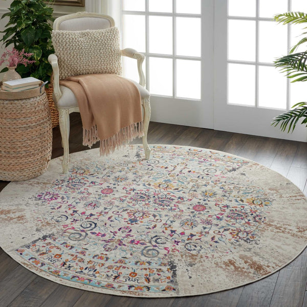 Homeroots 6' Ivory And Brown Floral Distressed Round Rug - Stain Resistant, Durable, Stylish Home Accent Piece  Polypropylene 552357