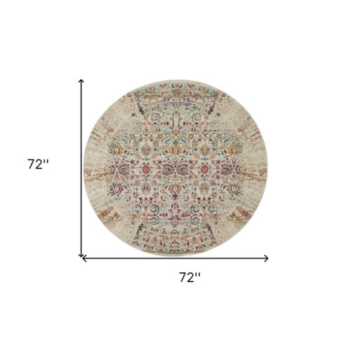 Homeroots 6' Ivory And Brown Floral Distressed Round Rug - Stain Resistant, Durable, Stylish Home Accent Piece  Polypropylene 552357