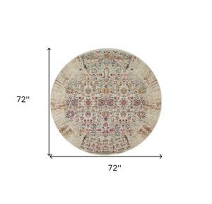 Homeroots 6' Ivory And Brown Floral Distressed Round Rug - Stain Resistant, Durable, Stylish Home Accent Piece  Polypropylene 552357