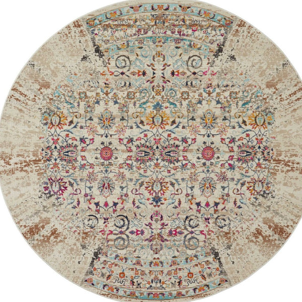 Homeroots 6' Ivory And Brown Floral Distressed Round Rug - Stain Resistant, Durable, Stylish Home Accent Piece  Polypropylene 552357