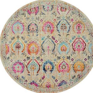 Homeroots 6' Cozy Ivory Pink & Orange Floral Distressed Round Rug - Stain Resistant, Durable, Stylish Design  Polypropylene 552358