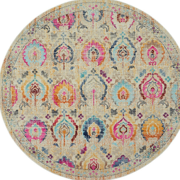 Homeroots 6' Cozy Ivory Pink & Orange Floral Distressed Round Rug - Stain Resistant, Durable, Stylish Design  Polypropylene 552358