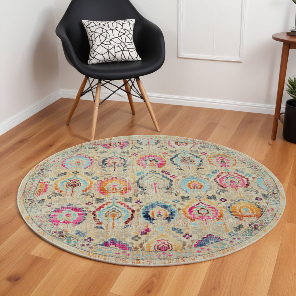 Homeroots 6' Cozy Ivory Pink & Orange Floral Distressed Round Rug - Stain Resistant, Durable, Stylish Design  Polypropylene 552358