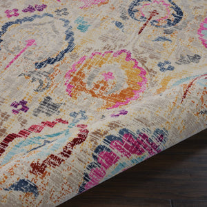 Homeroots 6' Cozy Ivory Pink & Orange Floral Distressed Round Rug - Stain Resistant, Durable, Stylish Design  Polypropylene 552358