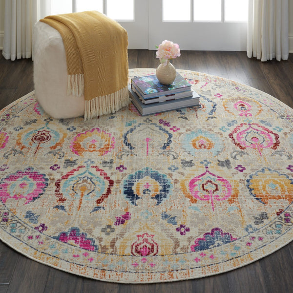 Homeroots 6' Cozy Ivory Pink & Orange Floral Distressed Round Rug - Stain Resistant, Durable, Stylish Design  Polypropylene 552358