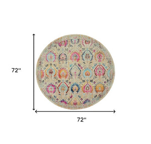 Homeroots 6' Cozy Ivory Pink & Orange Floral Distressed Round Rug - Stain Resistant, Durable, Stylish Design  Polypropylene 552358