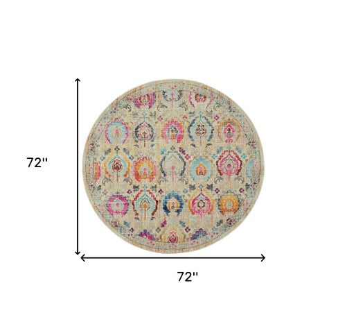 Homeroots 6' Cozy Ivory Pink & Orange Floral Distressed Round Rug - Stain Resistant, Durable, Stylish Design  Polypropylene 552358