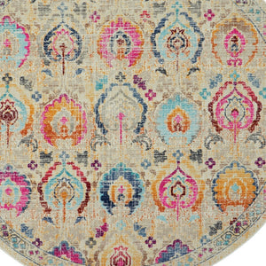 Homeroots 6' Cozy Ivory Pink & Orange Floral Distressed Round Rug - Stain Resistant, Durable, Stylish Design  Polypropylene 552358