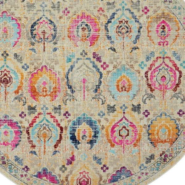 Homeroots 6' Cozy Ivory Pink & Orange Floral Distressed Round Rug - Stain Resistant, Durable, Stylish Design  Polypropylene 552358