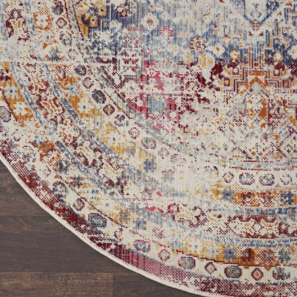 Homeroots 6' Geometric Round Rug In Ivory, Red & Orange - Stain Resistant, Durable, And Stylish For Any Space  Polypropylene 552359