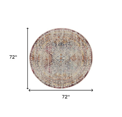 Homeroots 6' Geometric Round Rug In Ivory, Red & Orange - Stain Resistant, Durable, And Stylish For Any Space  Polypropylene 552359