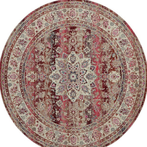 Homeroots 6' Ivory And Red Floral Distressed Round Rug - Durable, Stain-resistant, Perfect For Kids & Pets!  Polypropylene 552362
