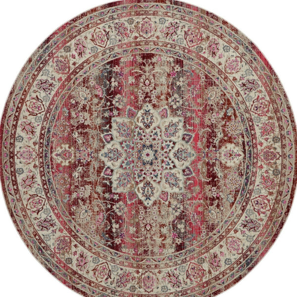 Homeroots 6' Ivory And Red Floral Distressed Round Rug - Durable, Stain-resistant, Perfect For Kids & Pets!  Polypropylene 552362