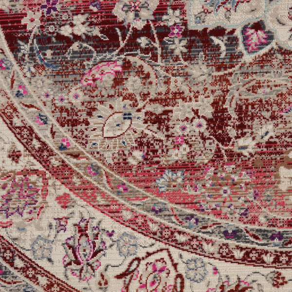 Homeroots 6' Ivory And Red Floral Distressed Round Rug - Durable, Stain-resistant, Perfect For Kids & Pets!  Polypropylene 552362