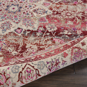 Homeroots 6' Ivory And Red Floral Distressed Round Rug - Durable, Stain-resistant, Perfect For Kids & Pets!  Polypropylene 552362