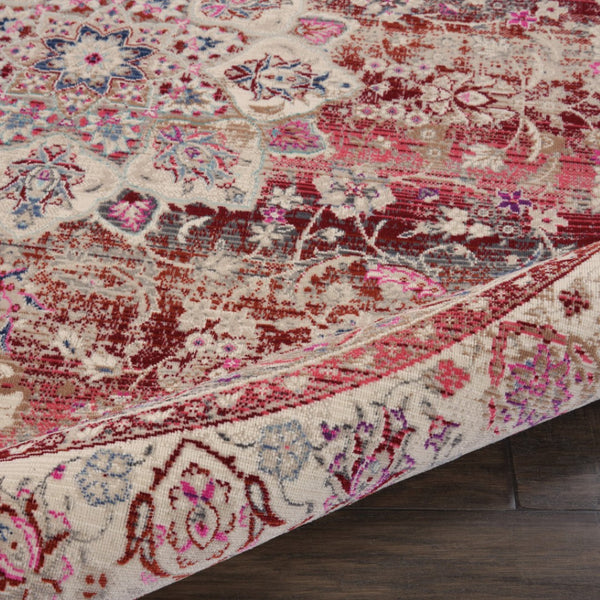 Homeroots 6' Ivory And Red Floral Distressed Round Rug - Durable, Stain-resistant, Perfect For Kids & Pets!  Polypropylene 552362