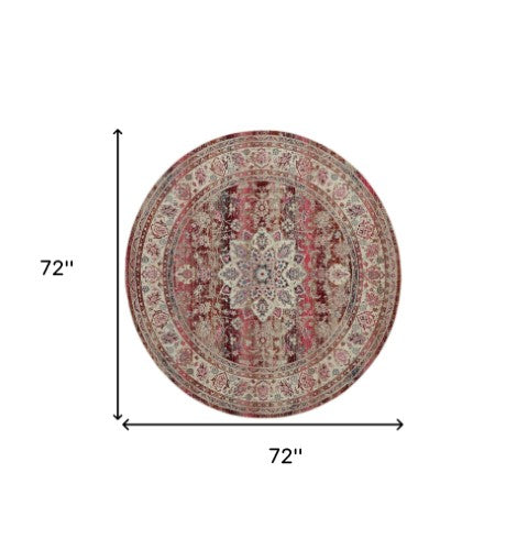Homeroots 6' Ivory And Red Floral Distressed Round Rug - Durable, Stain-resistant, Perfect For Kids & Pets!  Polypropylene 552362