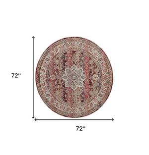 Homeroots 6' Ivory And Red Floral Distressed Round Rug - Durable, Stain-resistant, Perfect For Kids & Pets!  Polypropylene 552362