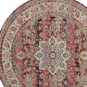 Homeroots 6' Ivory And Red Floral Distressed Round Rug - Durable, Stain-resistant, Perfect For Kids & Pets!  Polypropylene 552362