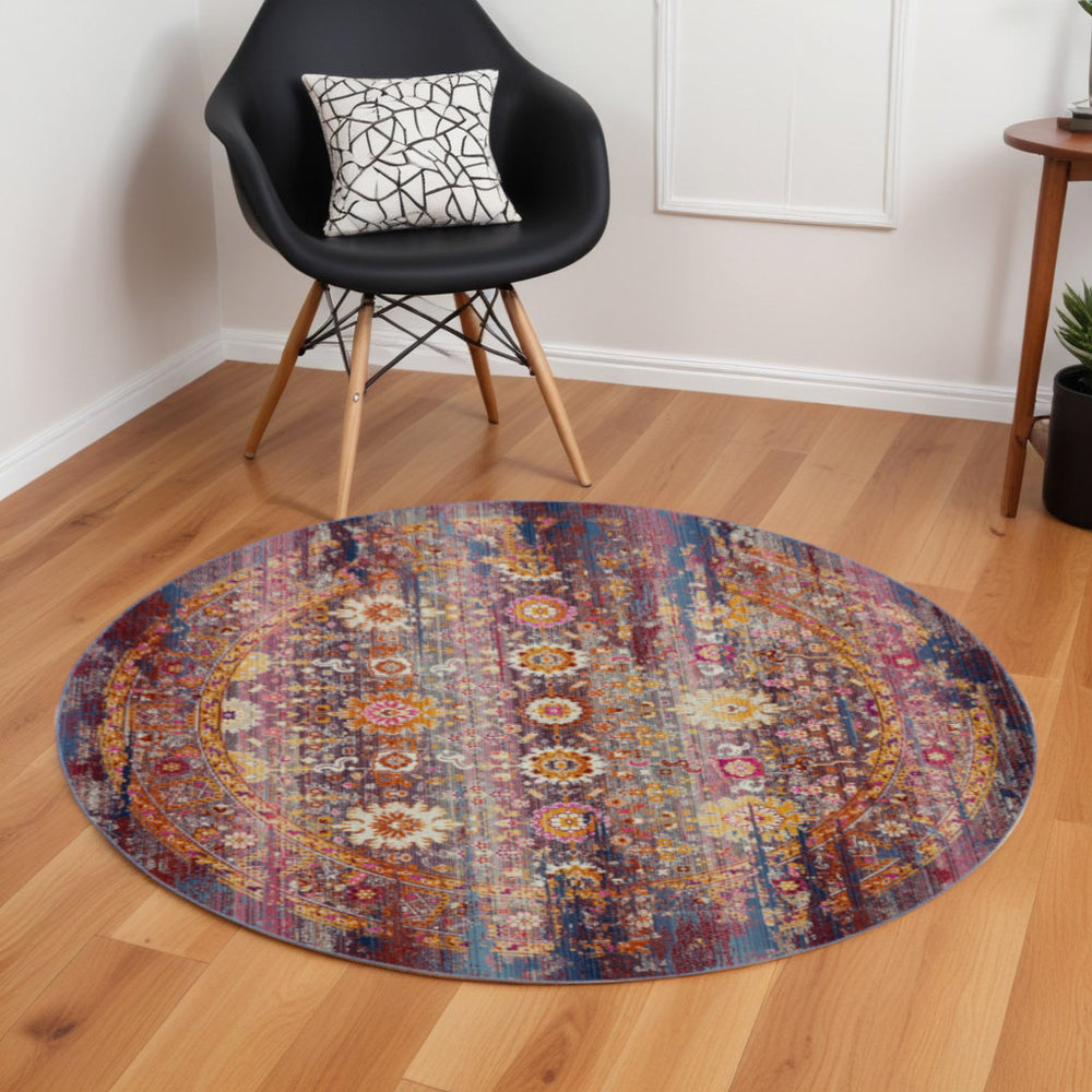 Homeroots 6' Stylish Floral Distressed Round Rug In Blue, Yellow, Red - Non-skid, Stain Resistant, Durable Design  Polypropylene 552363