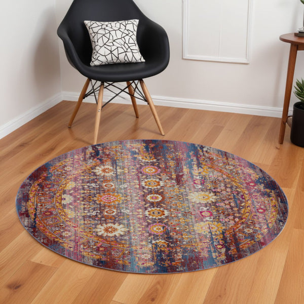Homeroots 6' Stylish Floral Distressed Round Rug In Blue, Yellow, Red - Non-skid, Stain Resistant, Durable Design  Polypropylene 552363