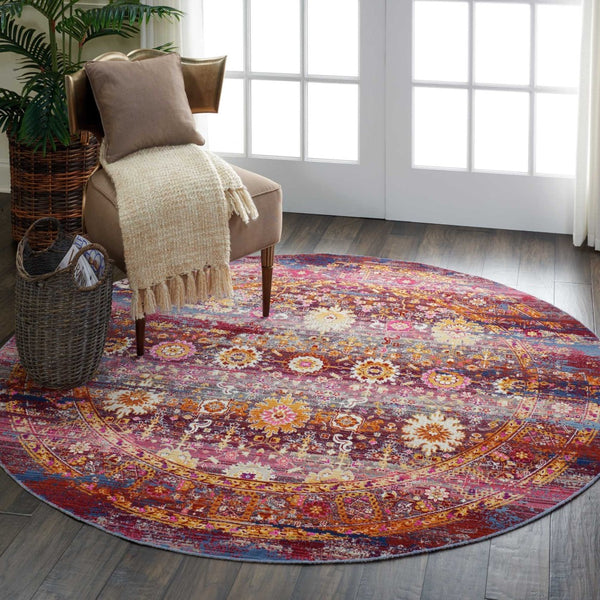 Homeroots 6' Stylish Floral Distressed Round Rug In Blue, Yellow, Red - Non-skid, Stain Resistant, Durable Design  Polypropylene 552363