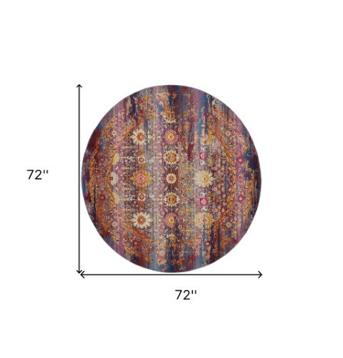 Homeroots 6' Stylish Floral Distressed Round Rug In Blue, Yellow, Red - Non-skid, Stain Resistant, Durable Design  Polypropylene 552363