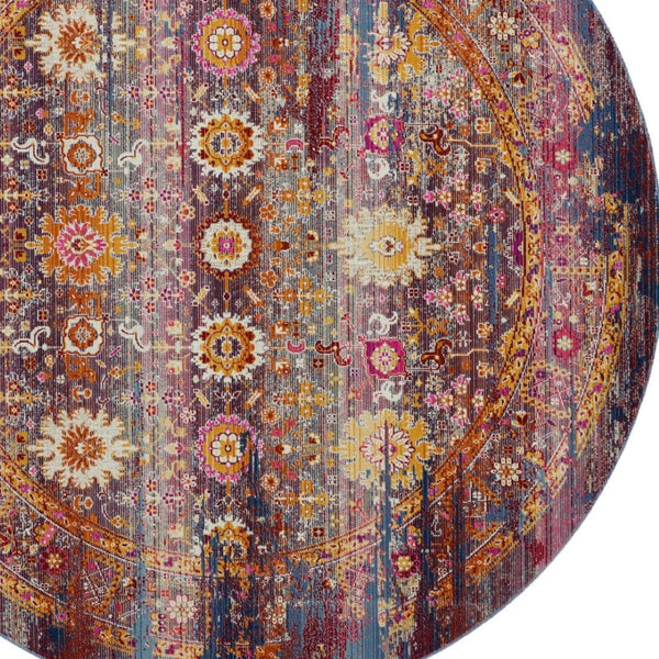 Homeroots 6' Stylish Floral Distressed Round Rug In Blue, Yellow, Red - Non-skid, Stain Resistant, Durable Design  Polypropylene 552363