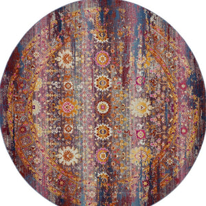Homeroots 6' Stylish Floral Distressed Round Rug In Blue, Yellow, Red - Non-skid, Stain Resistant, Durable Design  Polypropylene 552363