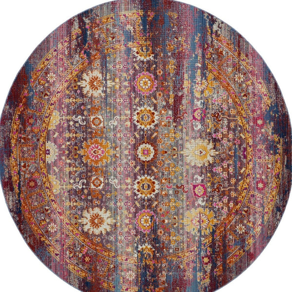 Homeroots 6' Stylish Floral Distressed Round Rug In Blue, Yellow, Red - Non-skid, Stain Resistant, Durable Design  Polypropylene 552363