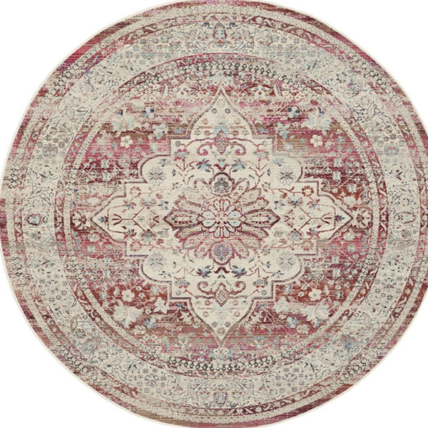 Homeroots 6' Stunning Floral Distressed Round Rug In Ivory, Red & Brown - Durable, Stain Resistant & Stylish  Polypropylene 552364