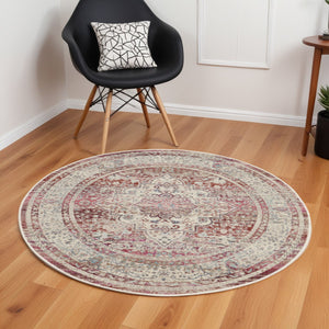 Homeroots 6' Stunning Floral Distressed Round Rug In Ivory, Red & Brown - Durable, Stain Resistant & Stylish  Polypropylene 552364