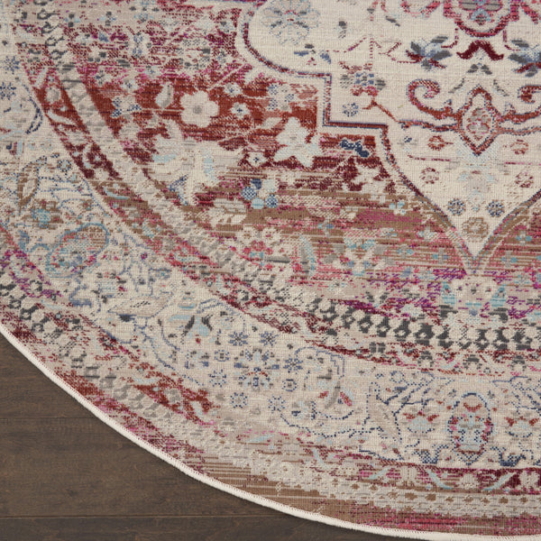 Homeroots 6' Stunning Floral Distressed Round Rug In Ivory, Red & Brown - Durable, Stain Resistant & Stylish  Polypropylene 552364
