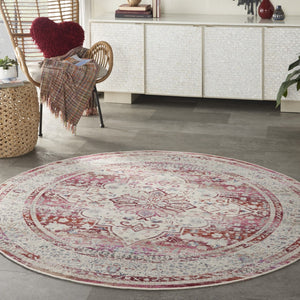 Homeroots 6' Stunning Floral Distressed Round Rug In Ivory, Red & Brown - Durable, Stain Resistant & Stylish  Polypropylene 552364
