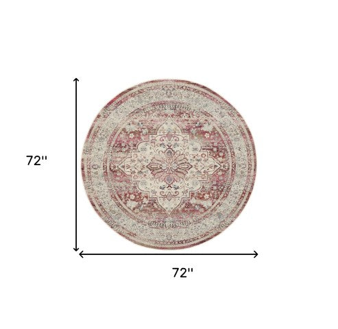 Homeroots 6' Stunning Floral Distressed Round Rug In Ivory, Red & Brown - Durable, Stain Resistant & Stylish  Polypropylene 552364